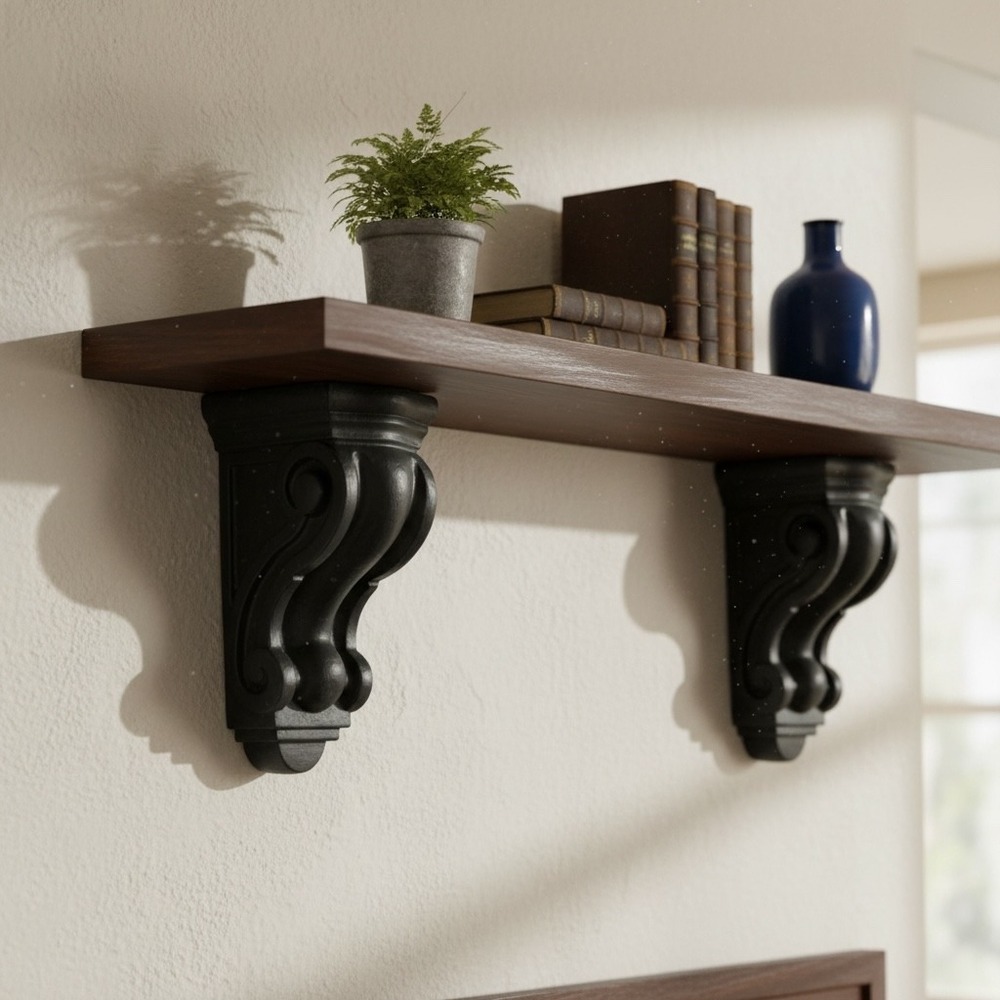 Set of 2 Black Ornate Decorative Shelf Corbel Brackets B-OMLCA-8 9.75x4.5in
